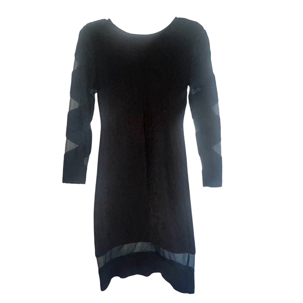 Vintage 70s 70 MPH Black Mod Shift Dress Mesh‎ Patterned Sleeves Arnel Small LBD